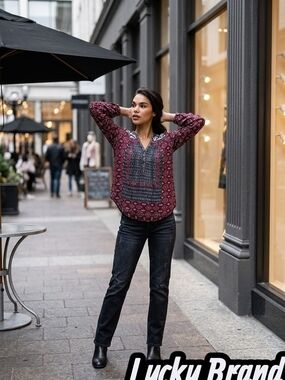 Lucky Brand Burgundy and Black Printed V-Neck Tunic
